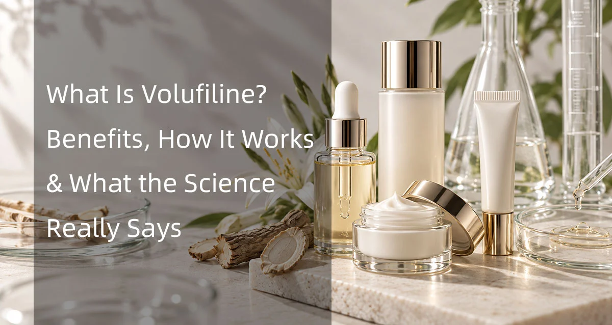 A collection of skincare products, including jars and bottles with creams and oils, displayed on a marble surface alongside botanical elements and scientific glassware.